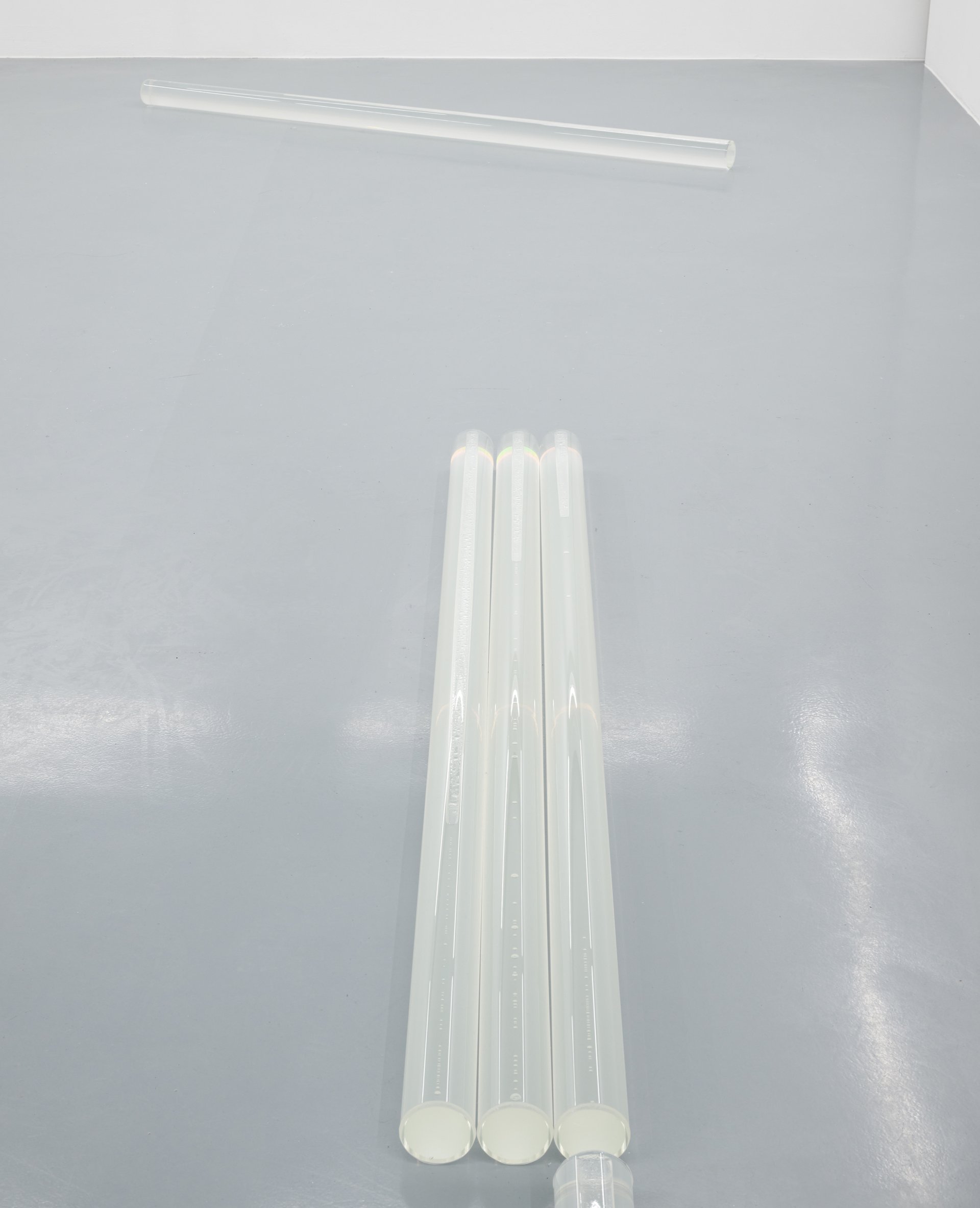 Gianna Surangkanjanajai, Untitled, 2023, six plexiglass cylinders, craft glue, each 8 x 200 x 8 cm.