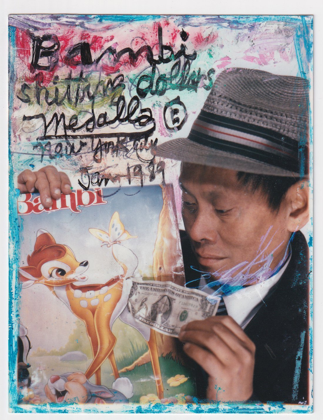 David Medalla, Bambi Shitting Dollars, 1989, collage on paper. Courtesy private collection. Photo: Mareike Tocha