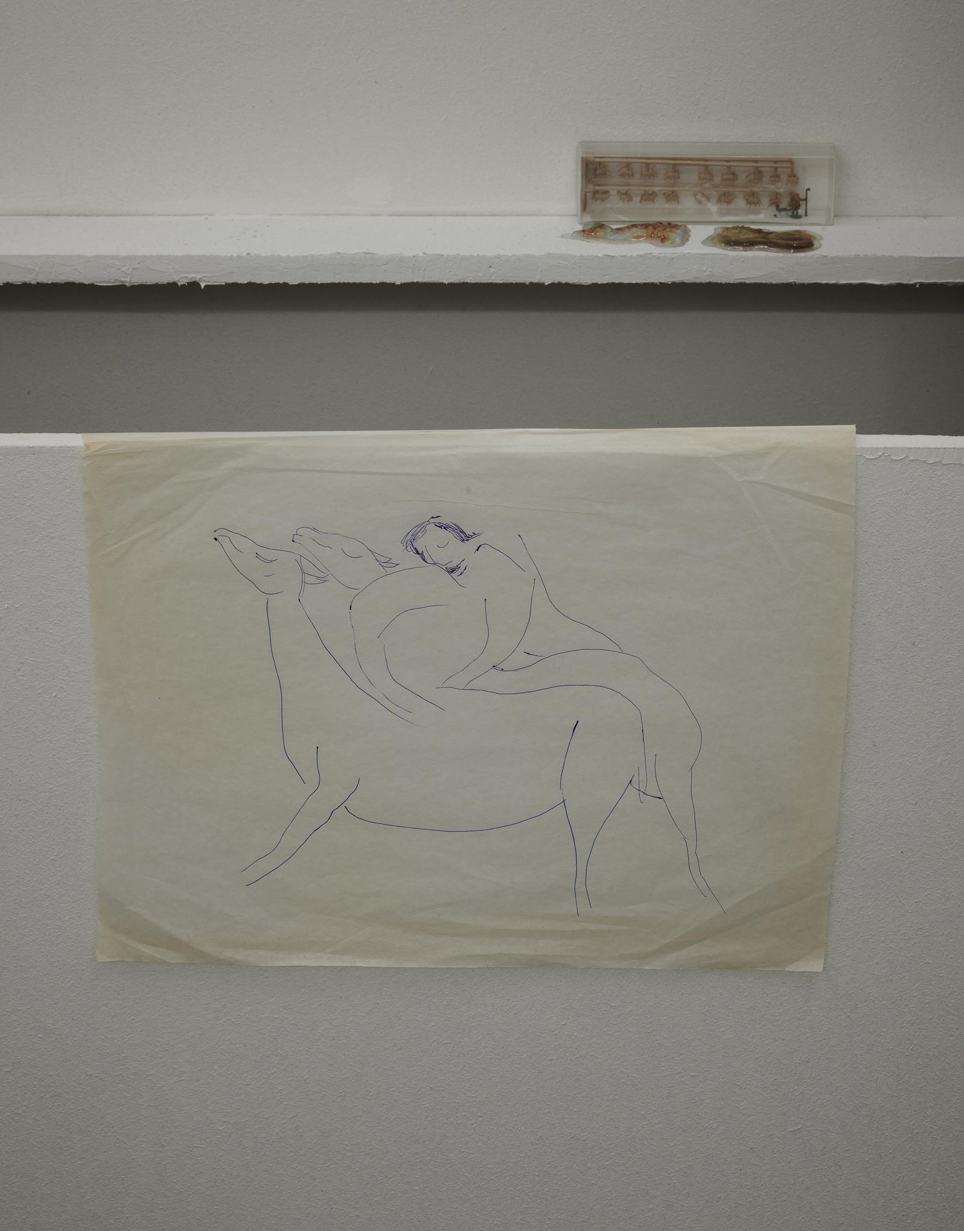 Tolia Astakhishvili, Our garden is in Bonn, 2023, ink on transparent paper, stickers, set of model figures, dimensions variable, detail.
